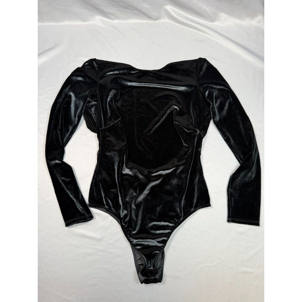 Victoria's Secret Black Velvet Long Sleeve Bodysuit Open Back Rhinestone Small